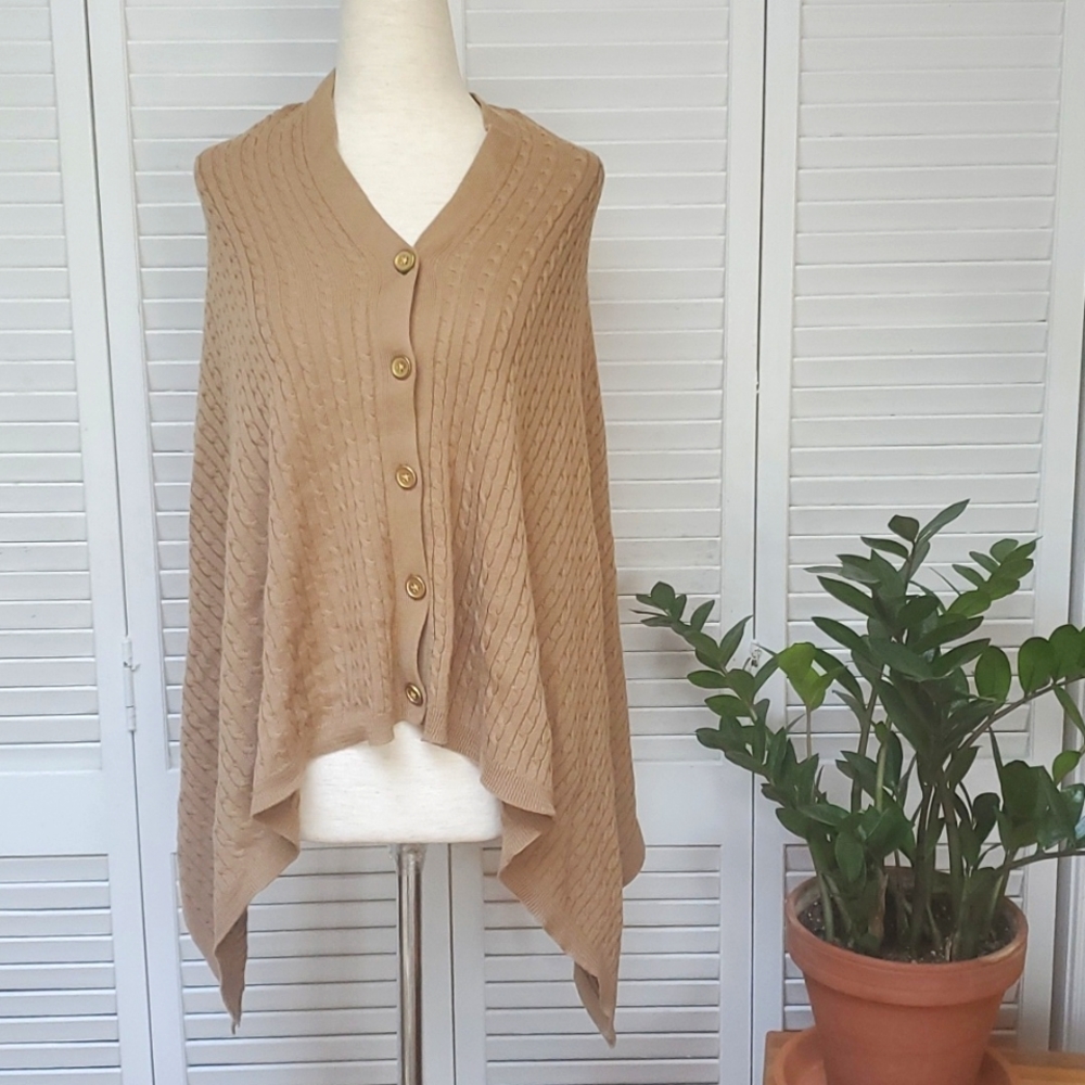 Top it off  O/S Tan Cropped Button-Down Sweater,Shrug, Cape.